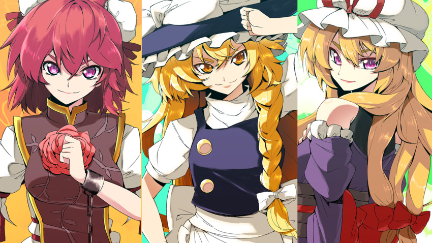 3girls blonde_hair bow braid brown_eyes chains column_lineup commentary_request cuffs double_bun flower hair_bun hat hat_bow hat_ribbon ibaraki_kasen kanameya kirisame_marisa long_hair multiple_girls photoshop_(medium) pink_eyes purple_eyes red_hair ribbon rose shackles short_hair single_braid smile touhou upper_body white_bow yakumo_yukari