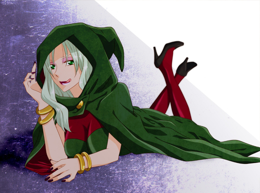 bad_id bad_pixiv_id breasts female green_eyes grey_hair hood light_green_hair long_hair lying majorina makeup medium_breasts nail_polish on_stomach pantyhose photoshop_(medium) precure smile_precure udon_(shiratama)