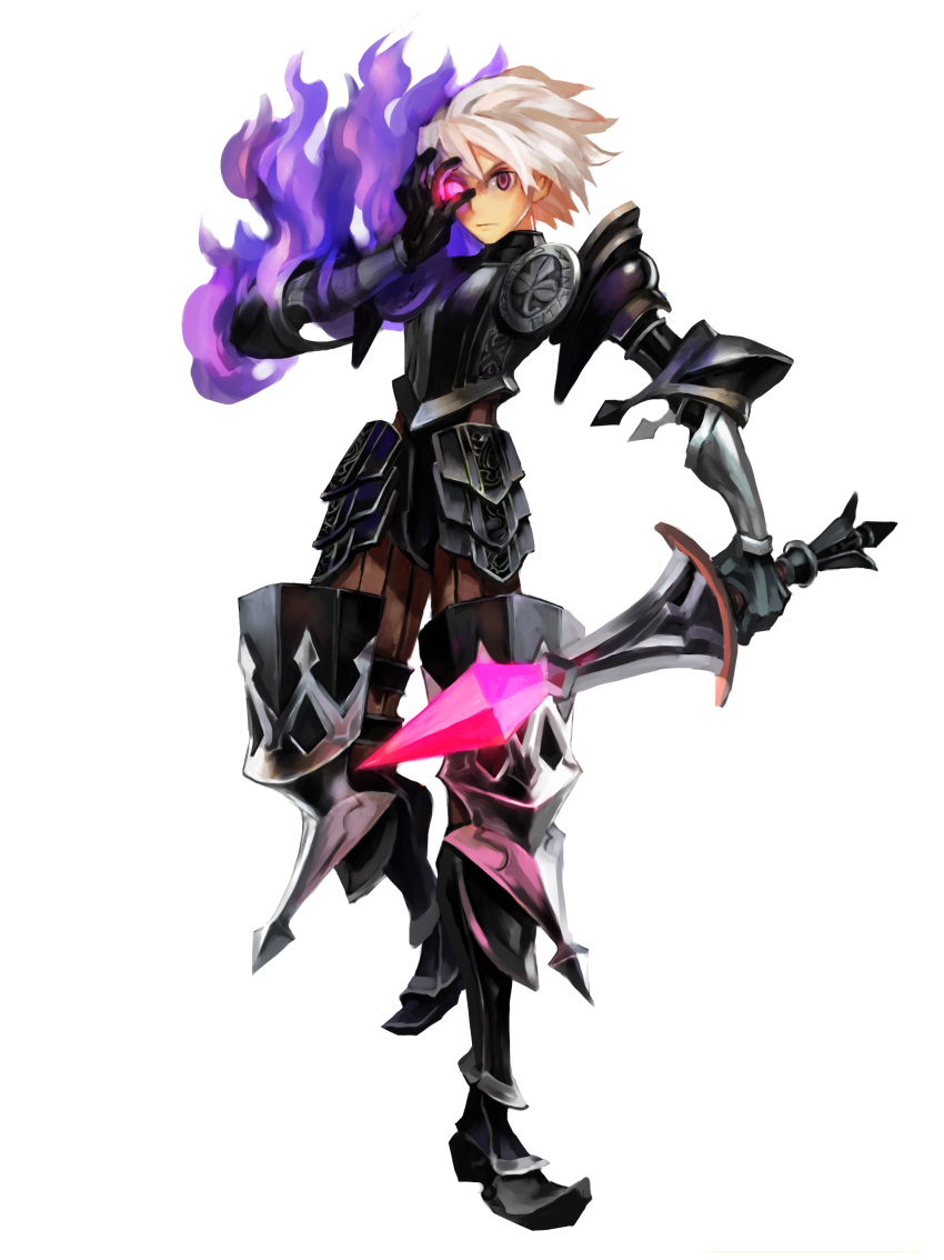 1boy absurdres armor belderiver black_armor faulds gauntlets glowing glowing_eye greaves highres kamitani_george male_focus odin_sphere oswald_(odin_sphere) photoshop_(medium) purple_eyes sword weapon white_hair