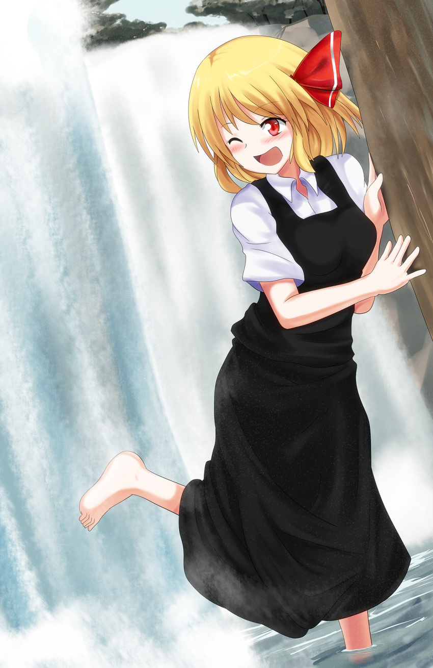 :d aged_up barefoot blonde_hair blush commentary_request female hair_ribbon highres long_skirt one_eye_closed open_mouth red_eyes ribbon rumia short_hair short_sleeves skirt smile solo standing standing_on_one_leg touhou wading water waterfall yabu_q