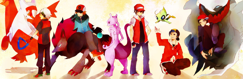 5boys backwards_hat bad_id bad_pixiv_id baseball_cap beanie blue_eyes blue_sclera brendan_(pokemon) bright_pupils celebi coat colored_sclera commentary_request darkrai ethan_(pokemon) floating_hair hat highres hilbert_(pokemon) latias lucas_(pokemon) male_focus mewtwo multiple_boys pokemon pokemon_(creature) pokemon_bw pokemon_dppt pokemon_hgss pokemon_platinum pokemon_rgby pokemon_rse red_(pokemon) smoke whisp white_hair white_pupils winter_clothes xxxceller zoroark