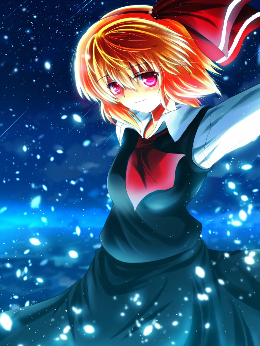 ascot bad_id bad_pixiv_id blonde_hair female hair_ribbon highres nekominase night outstretched_arms petals red_eyes ribbon rumia short_hair sky smile solo touhou