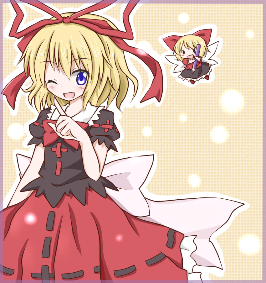 blonde_hair blue_eyes bow commentary_request doll fairy_wings female hachimi hair_ribbon hairbow highres long_skirt medicine_melancholy one_eye_closed open_mouth puffy_sleeves ribbon short_hair short_sleeves skirt solo su-san touhou wings