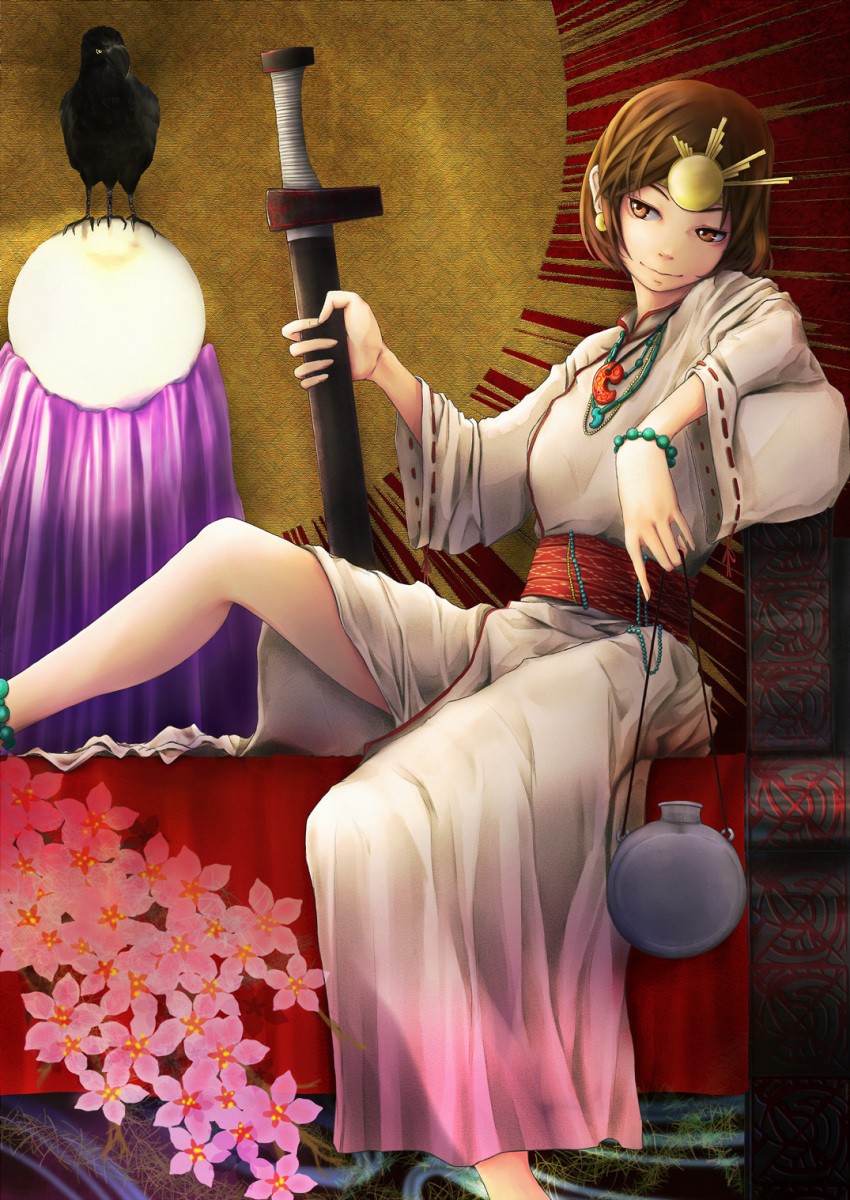 bird brown_eyes brown_hair crow female hair_ornament highres japanese_clothes meiko_(vocaloid) museum2088 short_hair sitting smile solo sword vocaloid weapon yatagarasu