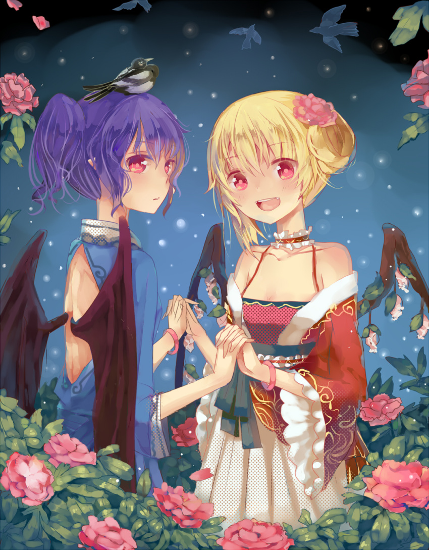 2girls :d alternate_costume alternate_hairstyle animal animal_on_head backless_dress backless_outfit bat_wings bird bird_on_head blush bunuojiang chinese_commentary choker collarbone commentary_request dress flandre_scarlet flower flower_wings frills hair_ornament highres holding_hands interlocked_fingers long_sleeves looking_at_viewer looking_to_the_side magpie multiple_girls oerba_yun_fang on_head open_mouth parted_lips petals pink_flower purple_hair red_eyes remilia_scarlet rose short_hair siblings sisters smile touhou wide_sleeves wings