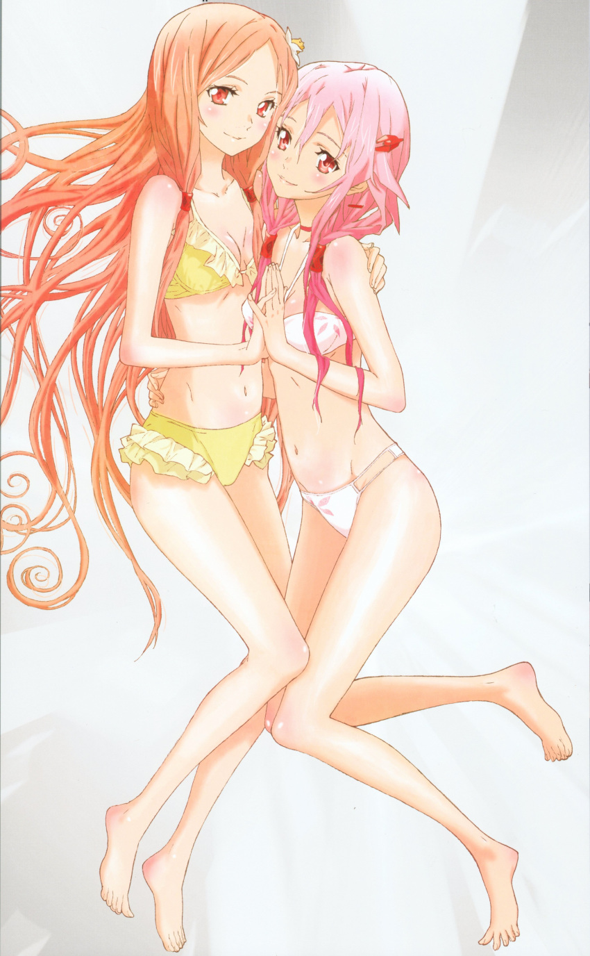 2girls absurdres artist_request bare_shoulders barefoot blush bra collarbone full_body guilty_crown hair_ornament hairclip highres holding long_hair long_legs looking_at_viewer multiple_girls ouma_mana palms_together panties photoshop_(medium) pink_hair sidelocks underwear underwear_only very_long_hair wavy_mouth yuri yuzuriha_inori