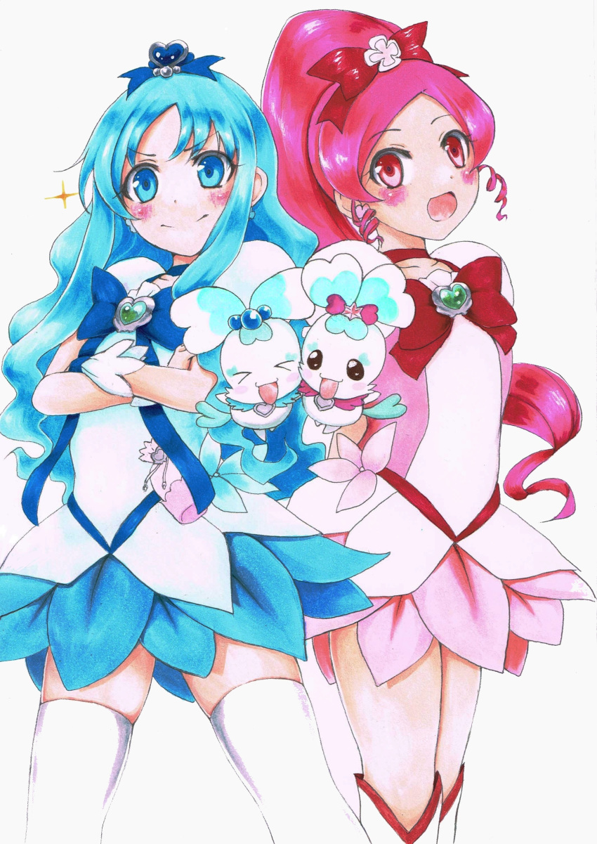 2girls absurdres blue_bow blue_choker blue_eyes blue_hair blue_skirt blush boots bow brooch choker chypre_(heartcatch_precure!) coffret_(heartcatch_precure!) commentary_request crossed_arms cure_blossom cure_marine dress flower hair_ornament hairbow hanasaki_tsubomi heart heart_brooch heartcatch_precure! high_ponytail highres jewelry kirikirimai_(kkm) kurumi_erika long_hair looking_at_viewer magical_girl multiple_girls open_mouth pink_bow pink_eyes pink_hair ponytail precure red_bow red_choker ribbon simple_background skirt smile thighhighs thighs traditional_media white_background white_legwear wrist_cuffs zettai_ryouiki