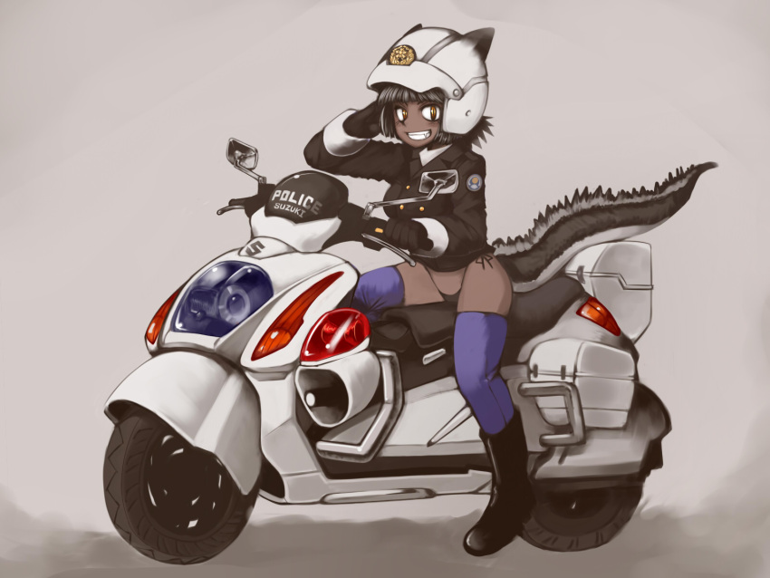 animal_ears black_gloves black_hair black_panties blue_thighhighs boots commentary_request dark-skinned_female dark_skin dragon_girl dragon_tail female gloves grin helmet highleg highleg_panties highres kakkou_(su) motor_vehicle motorcycle motorcycle_helmet oerba_yun_fang original panties police police_motorcycle police_uniform policewoman riding short_hair side-tie_panties slit_pupils smile solo suzuki_(company) tail thighhighs underwear uniform yellow_eyes