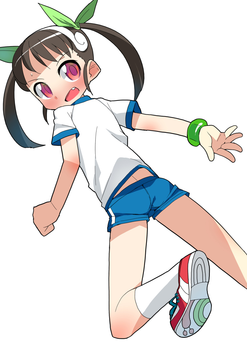 bakemonogatari blue_shorts bow brown_hair commentary_request female from_behind green_ribbons gym_uniform hachikuji_mayoi hair_ribbon hairband hairbow highres monogatari_(series) oerba_yun_fang photoshop_(medium) red_eyes ribbon shorts socks solo tanaka_ahiru twintails