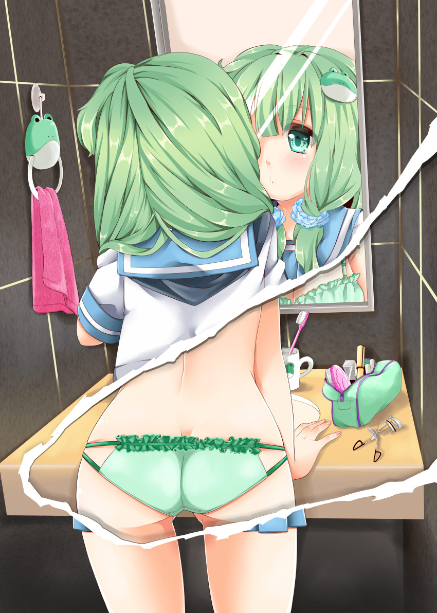 absurdres alternate_costume ass bad_id bad_pixiv_id blush bra breasts cleavage eyelash_curler female frog_hair_ornament green_bra green_eyes green_hair green_panties hair_ornament highres karasuma_yayoi kochiya_sanae large_breasts mirror page_tear panties reflection revealing_layer school_uniform serafuku solo toothbrush touhou underwear