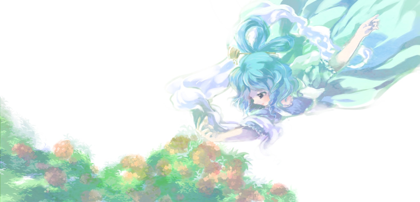 blue_eyes blue_hair bush commentary_request female flower hagoromo hair_ornament hair_rings hair_stick kaku_seiga kinosaki long_skirt looking_down puffy_short_sleeves puffy_sleeves shawl short_hair short_sleeves skirt smile solo touhou