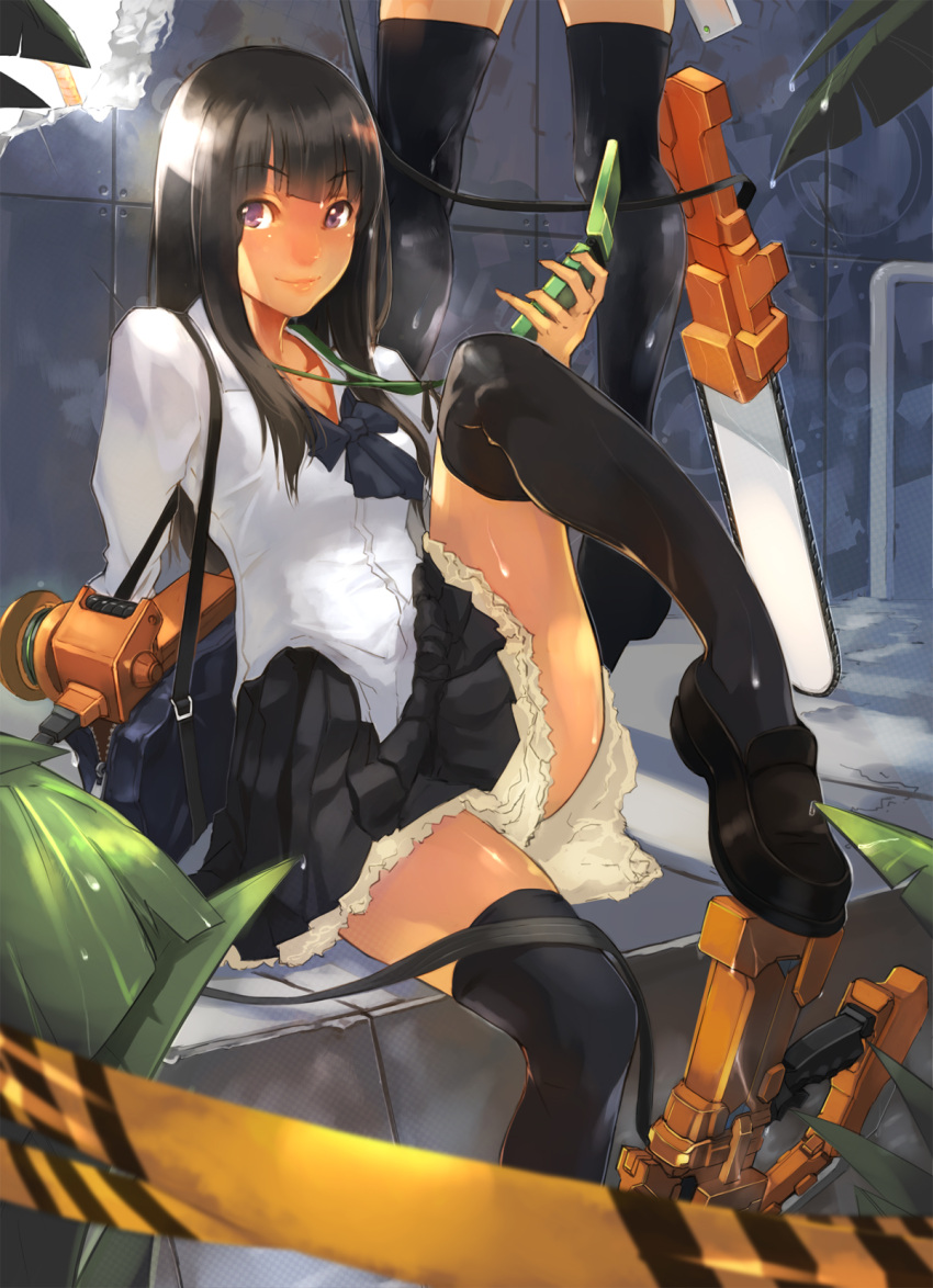 bag bigegg black_hair black_legwear bow bowtie breasts caution_tape cellphone chainsaw copyright_request highres leg_lift lips loafers looking_at_viewer multiple_girls phone pleated_skirt purple_eyes school_uniform shiny shiny_skin shoes shoulder_bag sitting skirt small_breasts smile tan thighhighs