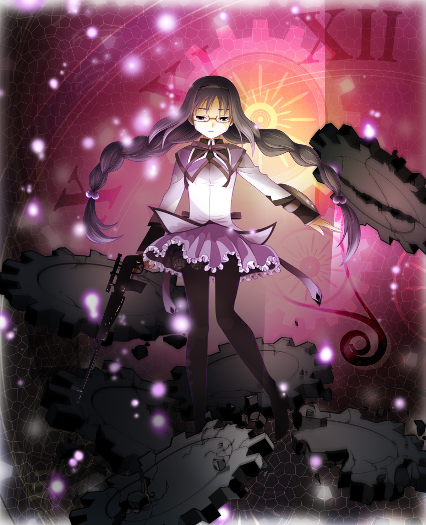 akemi_homura akemi_homura_(magical_girl) argyle_clothes argyle_legwear black_eyes black_hair black_pantyhose boots braid colorized commentary_request crack explosive female gears glasses glowing grenade gun hair_bobbles hair_ornament hairband high_heels highres long_hair magical_girl mahou_shoujo_madoka_magica mahou_shoujo_madoka_magica_(anime) outstretched_arm pantyhose purple_eyes red-framed_eyewear revision ribbon sanada_(teketo) sasara_(nozoaikawa) shield shoes skirt solo spoilers tears twin_braids weapon