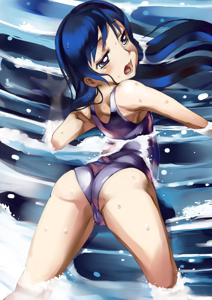 aabitan ass bare_shoulders bent_over blue_eyes blue_hair blush female highres looking_back one-piece_swimsuit open_mouth original partially_submerged school_swimsuit souletti swimsuit water