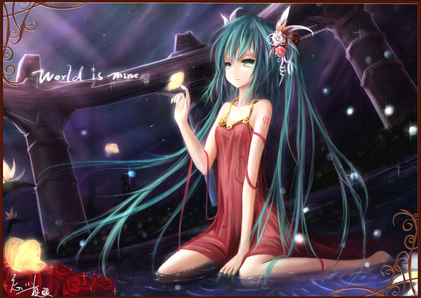 bad_id bad_pixiv_id bug butterfly copyright_name dress female flower green_eyes green_hair hair_flower hair_ornament hatsune_miku highres long_hair partially_submerged photoshop_(medium) rose sitting solo twintails very_long_hair vocaloid wangchuan_de_quanyan wariza water world_is_mine_(vocaloid)