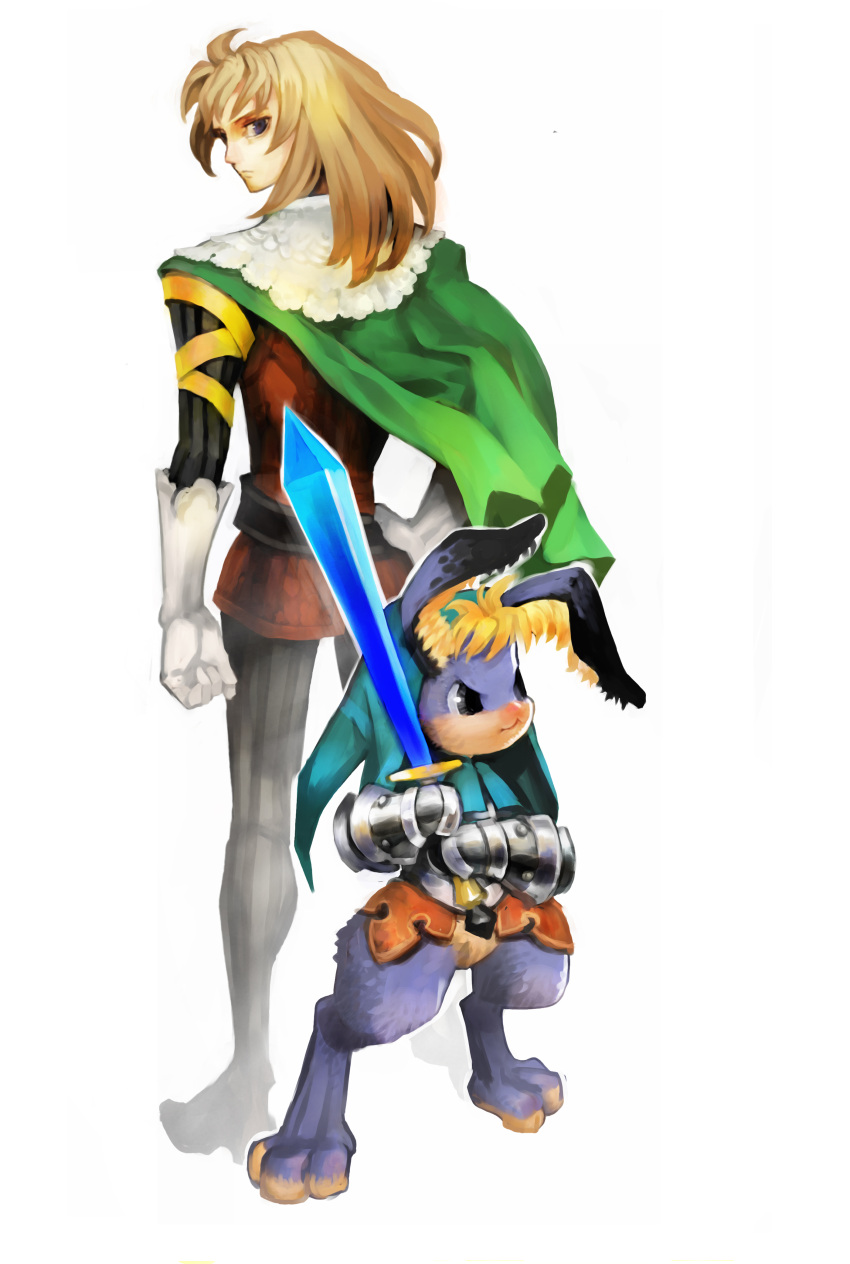 1boy absurdres blonde_hair blue_eyes cape cornelius_(odin_sphere) dual_persona gauntlets gloves highres kamitani_george long_hair male_focus odin_sphere official_art pantyhose photoshop_(medium) pooka_(odin_sphere) rabbit sword tunic weapon