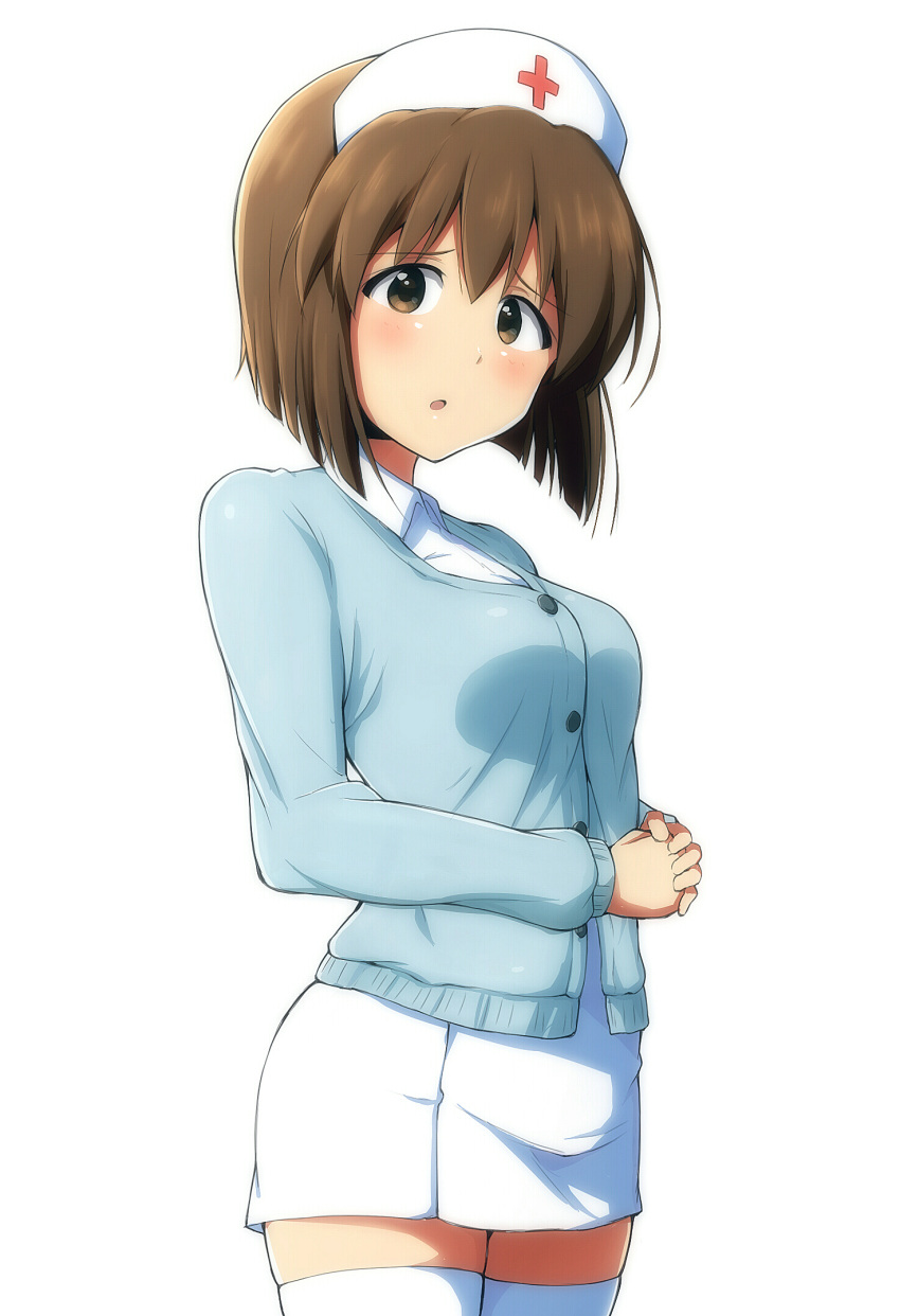 blush bob_cut brown_eyes brown_hair cardigan commentary_request female hagiwara_yukiho hat highres idolmaster idolmaster_(classic) looking_at_viewer miniskirt nurse_cap open_mouth own_hands_clasped own_hands_together rariemonn short_hair simple_background skirt solo thighhighs white_background white_thighhighs