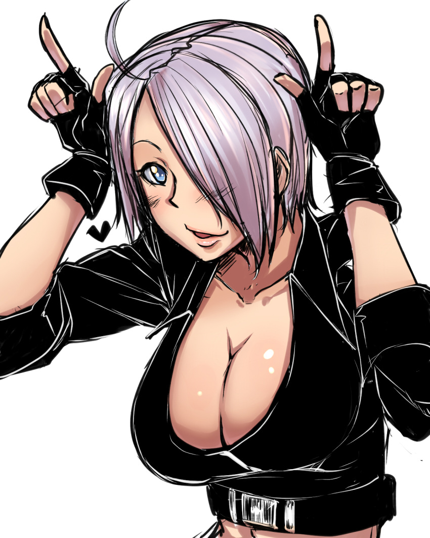 ahoge angel_(kof) bakuya blue_eyes breasts cleavage commentary_request crop_top female fingerless_gloves gloves grey_hair hair_over_one_eye highres horns_pose large_breasts light_purple_hair lips midriff simple_background solo the_king_of_fighters upper_body white_background