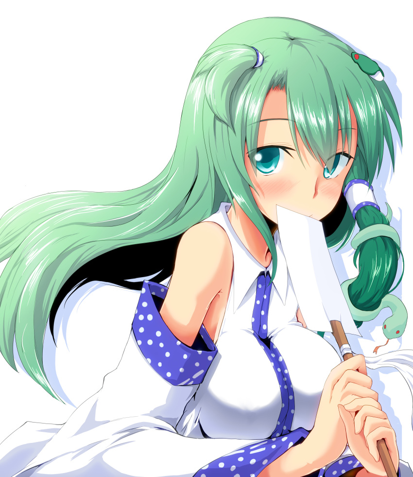 absurdres aqua_eyes bad_id bad_pixiv_id blush detached_sleeves female frog_hair_ornament green_hair hair_ornament hair_tubes highres kasuka kochiya_sanae long_hair one_side_up photoshop_(medium) snake_hair_ornament solo touhou white_background