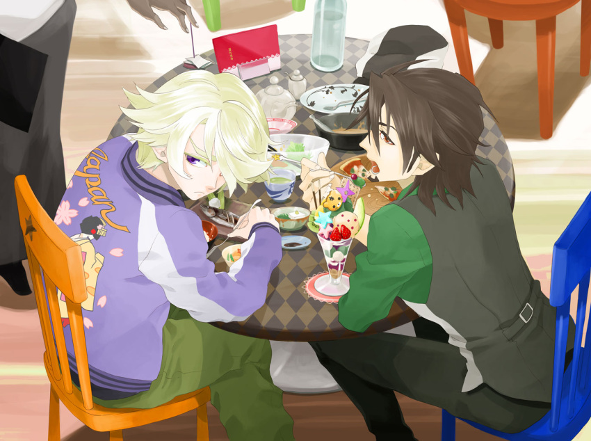 2boys blonde_hair brown_eyes brown_hair commentary_request eating facial_hair ivan_karelin jacket kaburagi_t._kotetsu kimiko_(msk599) male_focus multiple_boys parfait purple_eyes purple_jacket stubble tiger_&_bunny vest waistcoat