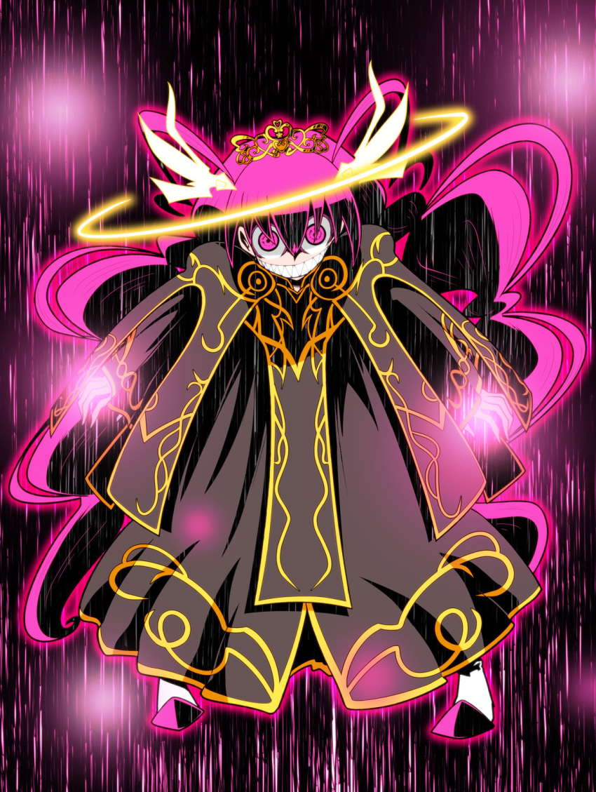 221_(tsutsuichi) alternate_costume antenna_hair cloak coat commentary_request cosplay crazy_eyes cure_happy cure_happy_(princess_form) dark_persona female full_body grin halo highres hoshizora_miyuki kamen_rider kamen_rider_fourze_(series) long_hair low_twintails magic photoshop_(medium) pink_background pink_eyes pink_hair precure sharp_teeth smile smile_precure solo teeth tiara twintails yellow_halo