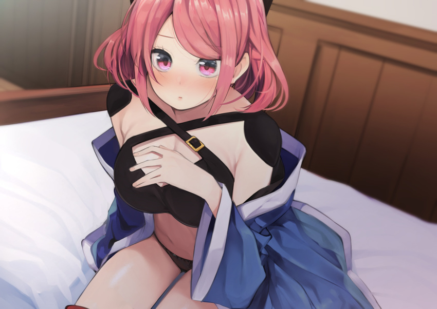 armpit_crease black_panties blue_coat breasts cleavage cleavage_cutout clothing_cutout coat commentary_request criss-cross_halter crop_top female halterneck hand_on_own_chest indoors long_sleeves looking_at_viewer medium_breasts navel nigo_(aozoragarou) no_pants off_shoulder on_bed open_clothes open_coat panties parted_lips photoshop_(medium) pink_eyes pink_hair revealing_clothes shichisei_no_subaru short_hair sidelocks sitting solo stomach string_panties thighs underwear usui_satsuki wide_sleeves