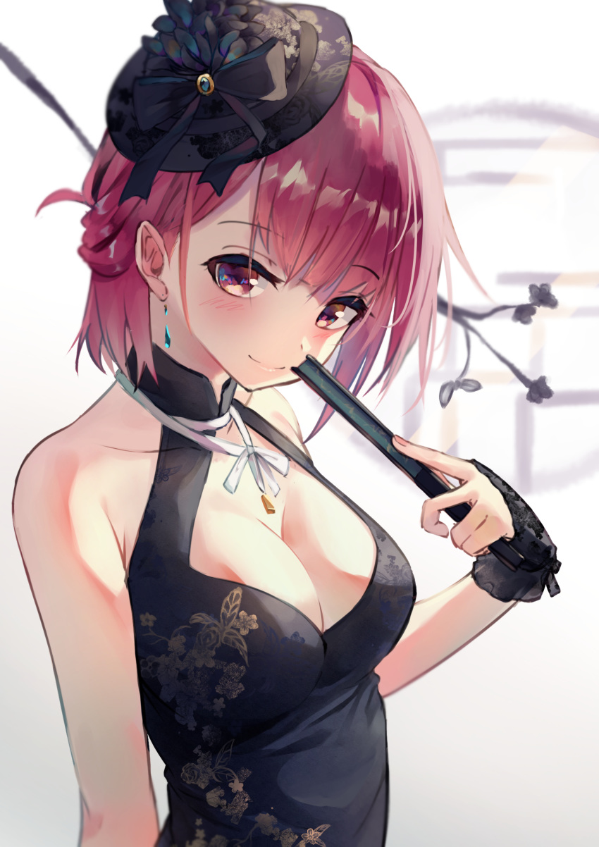 200f_(nifu) absurdres alternate_costume azur_lane bare_shoulders black_prince_(azur_lane) black_prince_(fair_maid_spring)_(azur_lane) breasts china_dress chinese_clothes cleavage cleavage_cutout clothing_cutout collarbone commentary dress earrings female fingerless_gloves folded_fan folding_fan gloves hand_fan hat highres holding holding_fan jewelry large_breasts looking_at_viewer pink_eyes pink_hair short_hair simple_background smile solo