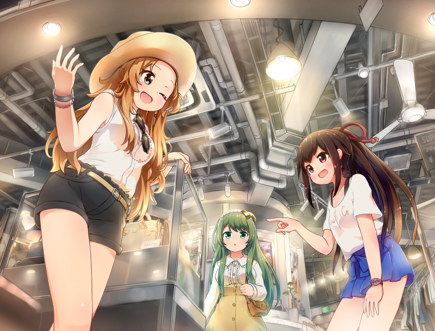 amano_nozomi battle_girl_high_school blue_eyes brown_eyes brown_hair building green_eyes green_hair hat himukai_yuri long_hair ponytail shirt shorts sunglasses tamanegi_(12030028) tokiwa_kurumi wink wristwear