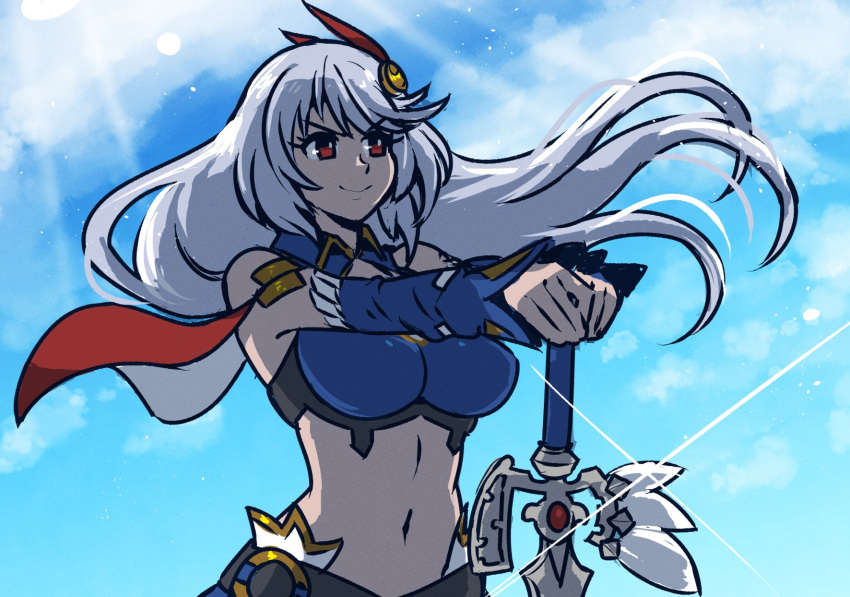 akairiot blue_sky breasts cloud cloudy_sky eleonora_viltaria female floating_hair glint grey_hair hair_ornament highres large_breasts madan_no_ou_to_vanadis midriff navel red_eyes sky smile solo upper_body