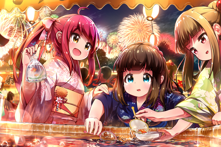 animal aqua_eyes asahina_kokomi battle_girl_high_school brown_eyes brown_hair festival fireworks fish fujimiya_sakura hasumi_urara japanese_clothes kimono red_eyes red_hair summer tamanegi_(12030028) water