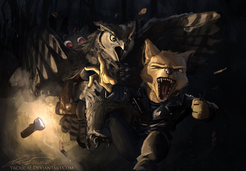 angry anthro avian beak bird boots bottomwear canid canine claws clothing darkness domestic_cat fangs feathers felid feline felis feral footwear fox gregg_lee hi_res jacket leather leather_clothing leather_jacket leather_topwear lockpick mae_borowski mammal night night_in_the_woods one_eye_closed owl pants sharp_teeth surprise teeth topwear watermark what yacrical