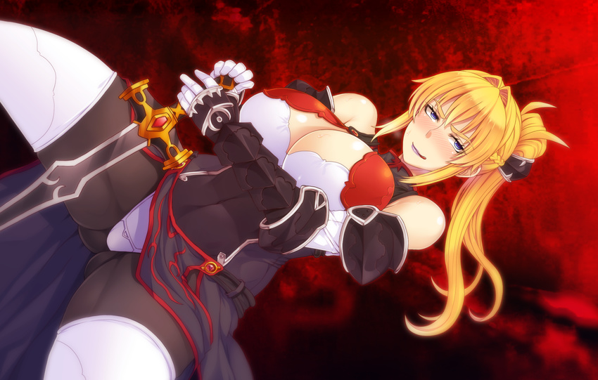 ass bare_shoulders blonde_hair blue_eyes blush breasts cleavage denkishowgun dutch_angle erectlip female game_cg gauntlets highres huge_breasts kyonyuu_himekishi_gaiden:_chijoku_no_battle_colosseum legs lipstick long_hair looking_at_viewer makeup naughty_face navel pantyhose ponytail red_background simple_background smile standing sweatdrop sword thick_thighs thighs tongue