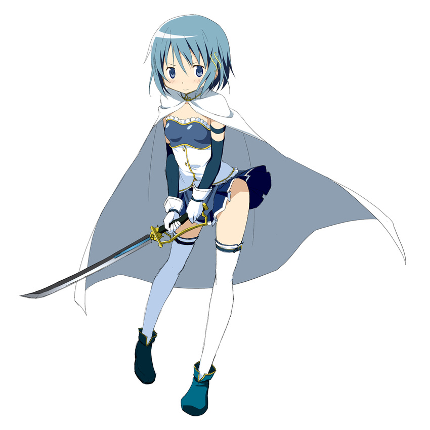 blue_eyes blue_hair cape corset female female gloves hair_ornament hairclip highres magical_girl mahou_shoujo_madoka_magica miki_sayaka moritan short_hair skirt solo sword thighhighs weapon white_gloves white_legwear white_thighhighs