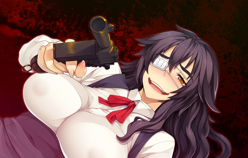 black_hair blush breasts denkishowgun eyepatch female game_cg gun highres holding kyonyuu_himekishi_gaiden:_chijoku_no_battle_colosseum large_breasts long_hair looking_at_viewer open_mouth pointing simple_background solo upper_body weapon yellow_eyes