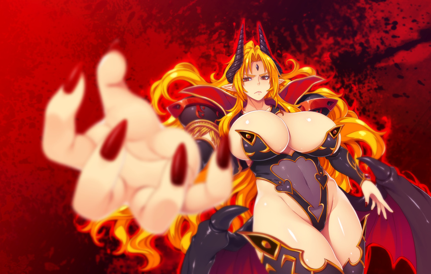 armor blonde_hair blush breasts cleavage covering covering_nipples curvy demon_wings denkishowgun erectlip facial_mark fingernails game_cg highres horns huge_breasts impossible_clothes kyonyuu_himekishi_gaiden:_chijoku_no_battle_colosseum legs long_fingernails long_hair looking_at_viewer mound_of_venus nail_polish navel red_eyes red_nails serious shoulder_pads simple_background solo standing thick_thighs thighhighs thighs wide_hips wings