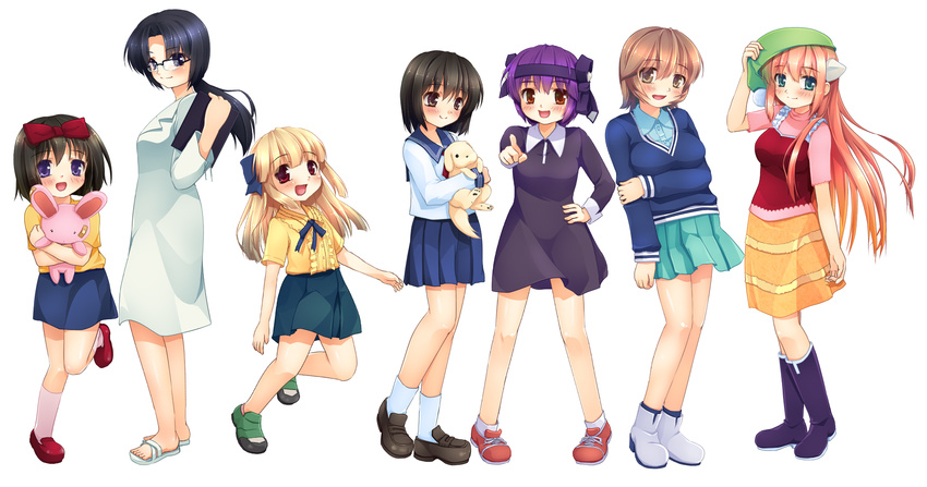 6+girls :d arakawa_(elfen_lied) bad_id bad_pixiv_id bandaid black_hair blonde_hair blue_eyes blush bob_cut boots bow breasts brown_eyes brown_hair canine cardigan clipboard dress elfen_lied full_body glasses green_eyes hair_ribbon hairbow hand_on_own_hip happy hat highres horns hug hugging_doll hugging_object kanae_(elfen_lied) lab_coat long_hair long_skirt long_sleeves lucy_(elfen_lied) mariko_(elfen_lied) mayu_(elfen_lied) medium_breasts multiple_girls nana_(elfen_lied) open_mouth pink_hair pleated_skirt pointing pointing_at_viewer ponytail purple_eyes purple_hair rabbit red_eyes ribbon school_uniform serafuku shirt shoes short_hair short_sleeves simple_background skirt slippers smile socks stuffed_animal stuffed_rabbit stuffed_toy vest wanta white_background yayoi_(pipi) yuka_(elfen_lied)