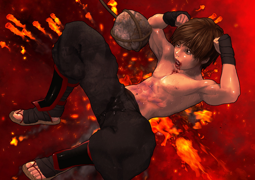 1boy abs amakusa_hiroshi blood blood_on_face brown_eyes brown_hair clenched_hand fire fist injury lolicon male male_focus muscle navel ninja nipples original pants sandals solo topless