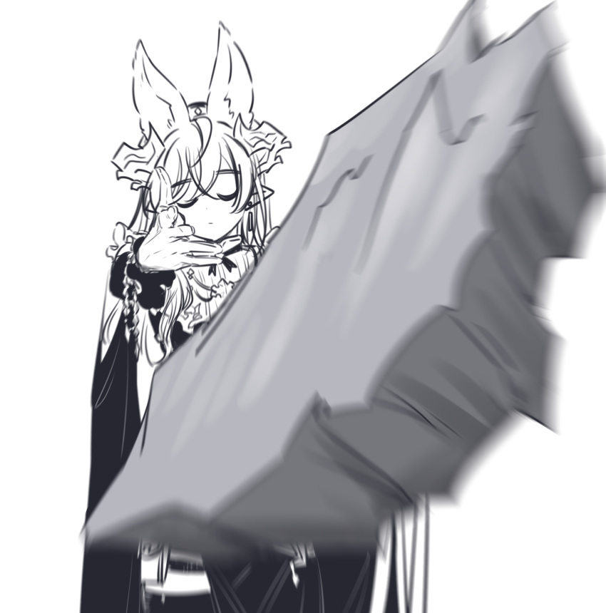 absurdres animal_ears closed_eyes dress eminem_throwing_a_fat_rat_(meme) extra_ears facing_viewer female floating_island galleon_(granblue_fantasy) gloves granblue_fantasy greyscale highres horns long_hair meme monochrome motion_blur outstretched_arm parody pointy_ears seal_007 solo throwing