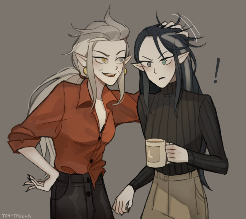 ! >:( 2girls aqua_eyes black_hair black_nails black_sweater collared_shirt cowboy_shot cup dress_shirt earrings edalyn_clawthorne fingernails grey_eyes grey_hair hair_slicked_back hand_in_another's_hair hand_on_another's_head hand_on_own_hip heterochromia highres holding holding_cup jewelry lilith_clawthorne long_hair long_sleeves looking_at_another low_ponytail mug mug_writing multicolored_hair multiple_girls nail_polish pointy_ears ponytail red_shirt ribbed_sweater ruffling_hair sharp_fingernails shirt siblings sidelocks simple_background sisters sleeves_pushed_up spoilers streaked_hair sweater tcn_tancha the_owl_house turtleneck turtleneck_sweater two-tone_hair untucked_shirt v-shaped_eyebrows wrinkled_skin yellow_eyes