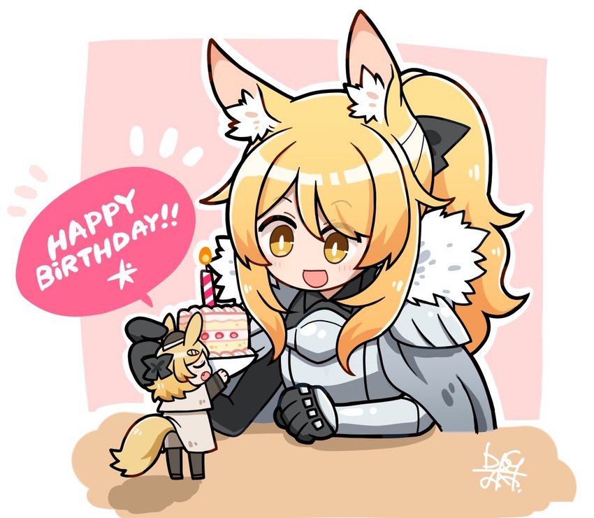 2girls animal_ears arknights armor aunt_and_niece black_bow black_gloves black_headwear black_pantyhose blemishine_(arknights) blonde_hair border bow cake cape chibi closed_eyes dog-san food fur-trimmed_armor fur_trim garrison_cap gloves hairbow happy_birthday hat horse_ears horse_girl horse_tail long_sleeves mini_person minigirl multiple_girls oerba_yun_fang open_mouth outline pantyhose pink_background ponytail simple_background tail thick_eyebrows u_u whislash_(arknights) white_border white_cape white_outline yellow_eyes