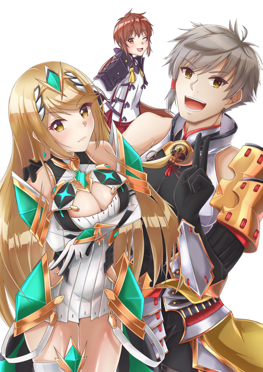 1boy 2girls :d absurdres addam_origo arm_around_shoulder armor bare_legs bare_shoulders blonde_hair breasts chest_jewel cleavage_cutout clothing_cutout cowboy_shot crossed_arms dress earrings elbow_gloves gloves grey_hair highres jewelry kagin_(kagou_shita_nanika) large_breasts long_hair lora_(xenoblade) multiple_girls mythra_(xenoblade) one_eye_closed open_mouth short_dress shoulder_armor simple_background smile swept_bangs thigh_strap tiara very_long_hair white_background white_dress white_gloves xenoblade_chronicles_(series) xenoblade_chronicles_2 xenoblade_chronicles_2:_torna_-_the_golden_country yellow_eyes