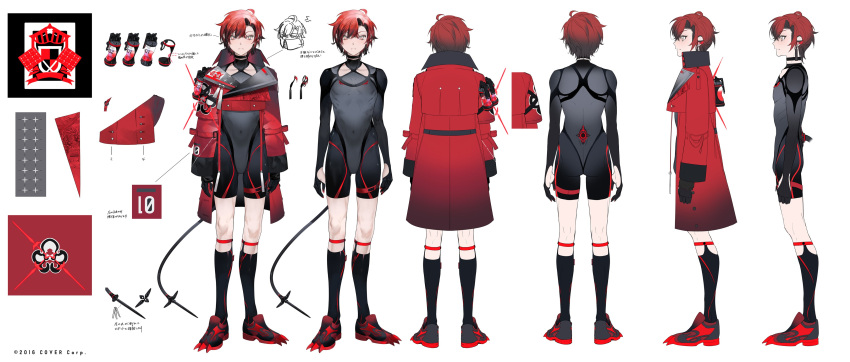 1boy absurdres ahoge black_bodysuit black_choker black_gloves black_hair black_socks bodysuit choker copyright_name covered_navel cropped_jacket gloves highres holostars holostars_english jacket legwear_garter machina_x_flayon machina_x_flayon_(1st_costume) male_focus mixed-language_text multicolored_hair official_art orange_eyes profile red_footwear red_hair red_jacket reference_sheet shokuen_(oxstl) short_hair socks streaked_hair tail virtual_youtuber