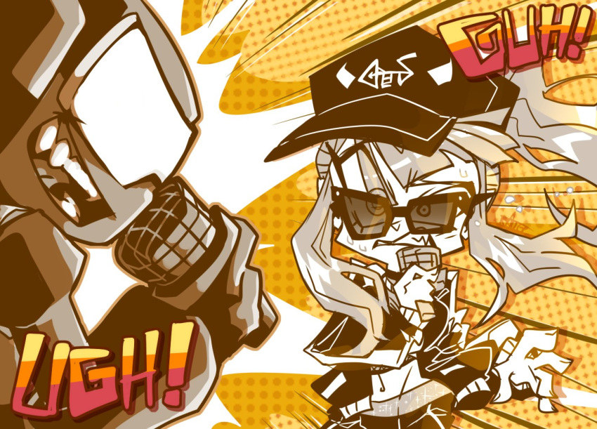 ! 1boy armor baseball_cap clenched_teeth english_commentary female friday_night_funkin' halftone hat hololive hololive_english jacket john_captain limited_palette long_hair microphone monochrome mori_calliope mori_calliope_(streetwear) newgrounds official_alternate_costume patterned_background sunglasses sweatdrop tankman_(newgrounds) tankmen teeth thegreatrouge virtual_youtuber yellow_background