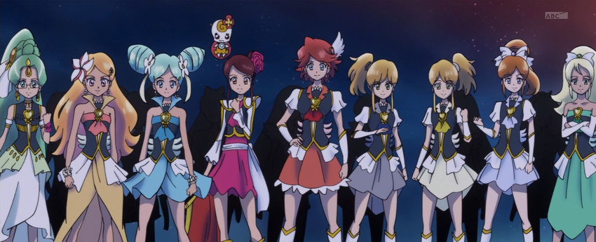 6+girls aloalo_(happinesscharge_precure!) anime_screenshot armlet bare_shoulders blonde_hair blue_eyes blue_hair boots bow bracelet brooch brown_eyes brown_hair clenched_hand crossed_arms cure_gonna cure_katyusha cure_matador cure_pantaloni cure_southern_cross cure_sunset cure_wave detached_sleeves double_bun earrings everyone flat_chest flower forehead_jewel gem glasses green_eyes green_hair green_haired_cure_(wonderful_net_precure)_(happinesscharge_precure!) hair_bun hair_flower hair_ornament hair_ribbon hairbow hairclip hand_on_own_hip happinesscharge_precure! heart high_collar high_ponytail highres international_precure jewelry knee_boots light_brown_hair light_smile lineup long_hair long_skirt looking_at_viewer magical_girl multiple_girls neck_ring night night_sky ohana_(happinesscharge_precure!) orange_hair orina_(happinesscharge_precure!) outdoors pleated_skirt ponytail precure purple_eyes red_hair ribbon sash scrunchie short_sleeves shoulder_pads siblings side_ponytail sidelocks silhouette skirt sky smile standing star_(sky) starry_sky swept_bangs twins unknown_green-haired_cure_(happinesscharge_precure!) very_long_hair watermark