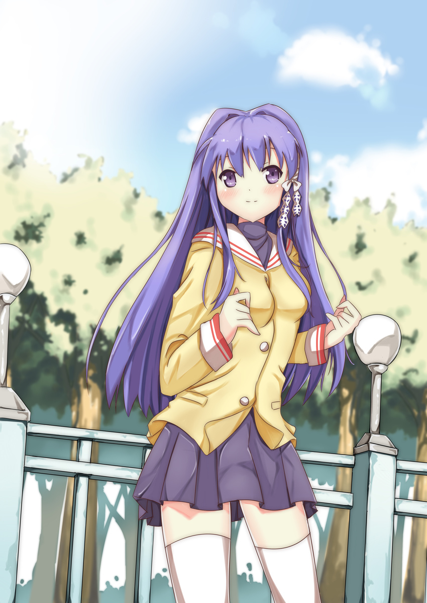 absurdres clannad commentary_request female fujibayashi_kyou haihovothan highres hikarizaka_private_high_school_uniform long_hair photoshop_(medium) purple_eyes purple_hair school_uniform thighhighs