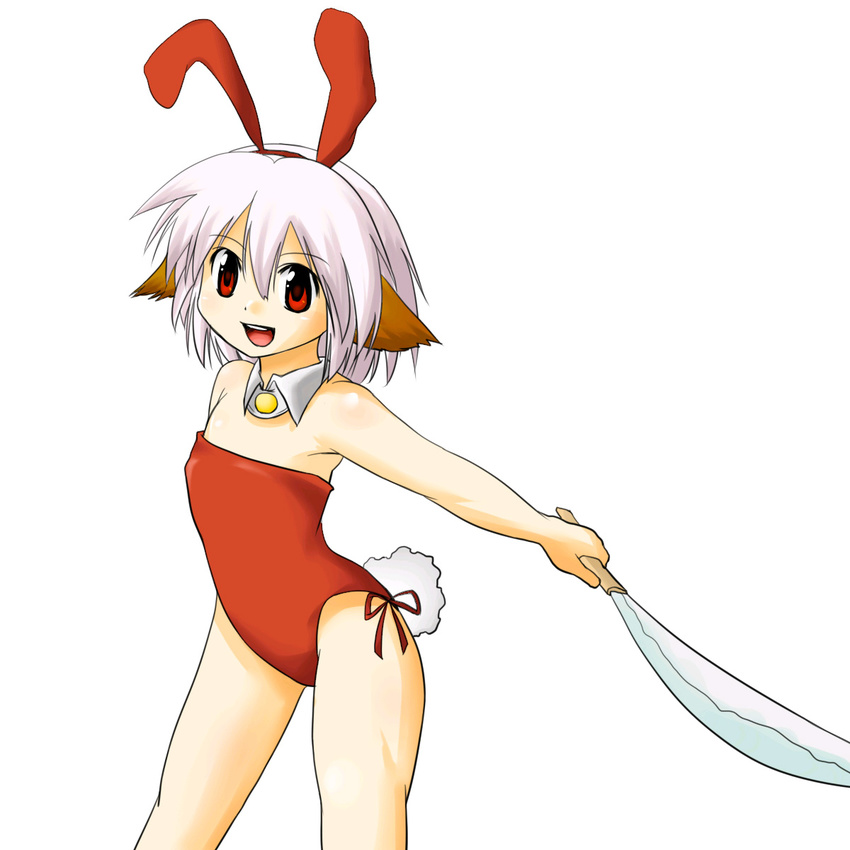 animal_ears bow brooch bunny_must_die bunny_the_honeywhite commentary_request extra_ears female flat_chest highres holding holding_weapon jewelry open_mouth playboy_bunny rabbit_ears rabbit_tail red_bow red_eyes short_hair simple_background solo tail vallerg weapon white_background white_hair