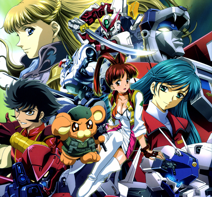 1boy 3girls aestivalis antenna_hair black_hair blonde_hair blue_eyes blush bonta-kun boots breasts brown_hair choker cleavage collarbone detonator_orgun dress epaulettes fingerless_gloves full_metal_panic full_metal_panic?_fumoffu gerbera_straight gloves golion_(mecha) green_eyes green_hair gun gundam gundam_astray_red_frame gundam_seed gundam_seed_astray gundam_wing gundam_wing_endless_waltz helmet hyakujuu-ou_golion kabuto_kouji katana kawarajima_kou kidou_senkan_nadesico kisaragi_aki long_hair looking_at_viewer mazinger_(series) mazinger_z mazinkaiser mecha medium_breasts military military_uniform multiple_girls orgun pilot_suit red_hair relena_peacecraft robot scar smile submachine_gun super_robot_wars super_robot_wars_w sword tekkaman_blade thigh_boots thighhighs thumbs_up uniform unworn_headwear unworn_helmet utsugi_mikoto valhawk weapon white_footwear white_legwear yuusha_ou_gaogaigar yuusha_series