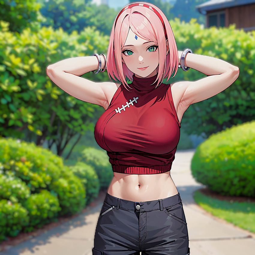 1girls ai_generated big_breasts bob_cut boruto:_naruto_next_generations female female_only forehead_mark green_eyes human large_breasts naruto naruto_(series) pink_hair sakura_haruno seaart.ai solo