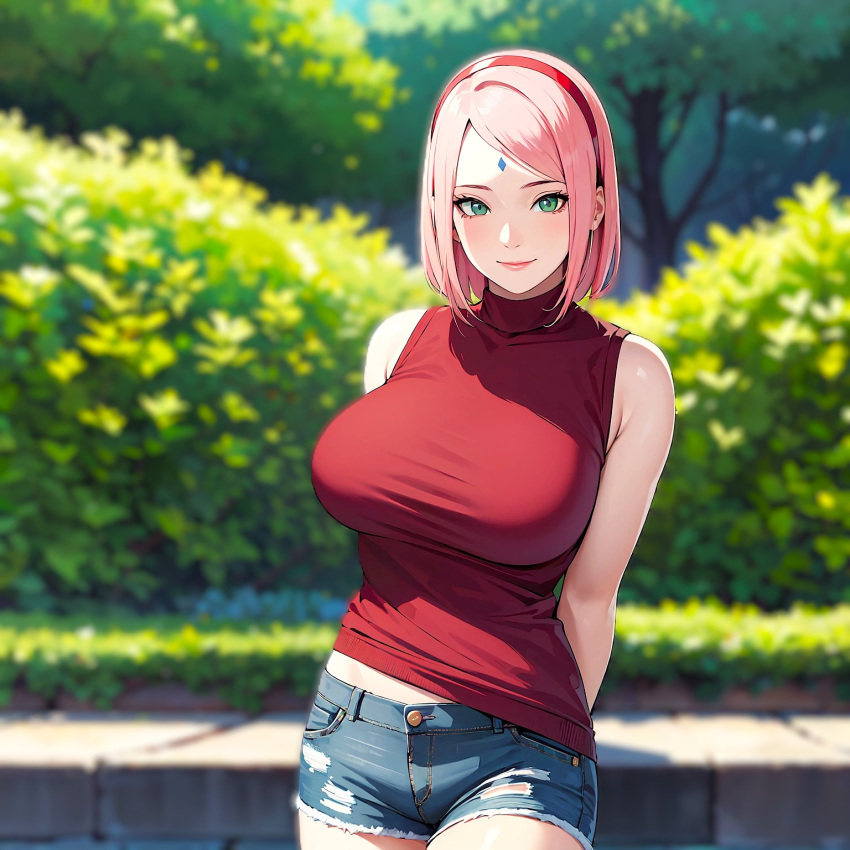 1girls ai_generated big_breasts bob_cut boruto:_naruto_next_generations female female_only forehead_mark green_eyes human large_breasts naruto naruto_(series) pink_hair sakura_haruno seaart.ai solo