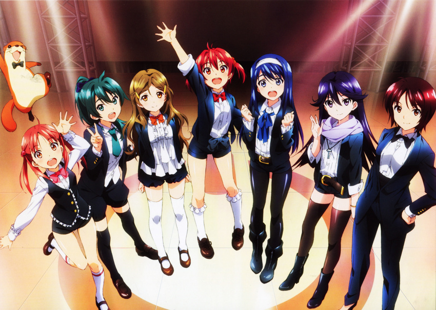 6+girls :d absurdres ahoge amagi_mizuha animal ankle_boots arm_up artist_request belt bobby_socks boots bow bowtie formal futaba_aoi_(vividred_operation) hair_bobbles hair_ornament hairband hairclip highres isshiki_akane isshiki_momo key kneehighs kuroki_rei long_hair mary_janes multiple_girls necktie official_art open_mouth outstretched_hand pant_suit pants pantyhose pantyhose_under_shorts ponytail saegusa_wakaba scarf shinomiya_himawari shoes short_hair shorts smile socks stage suit thighhighs twintails uso-kun v vividred_operation zettai_ryouiki